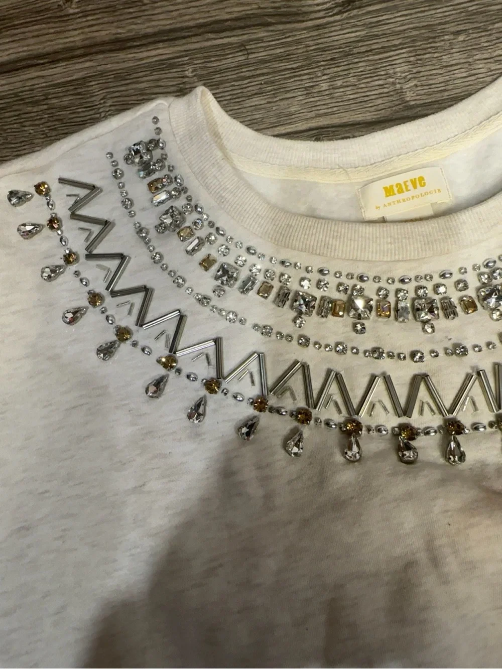 Maeve Anthropologie Embellished Sweatshirt Small Ivory Beaded Jewel Neck